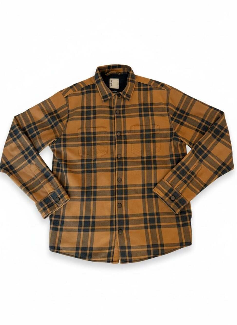 Vuori Fleece Lined Plaid Shacket Jacket Brown Black Snap Front Size L
